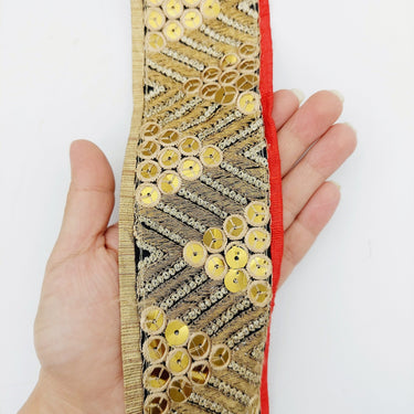 Indian Sari Trim, Black Art Silk Fabric With Gold Embroidery And Red Piping, Gold Sequins